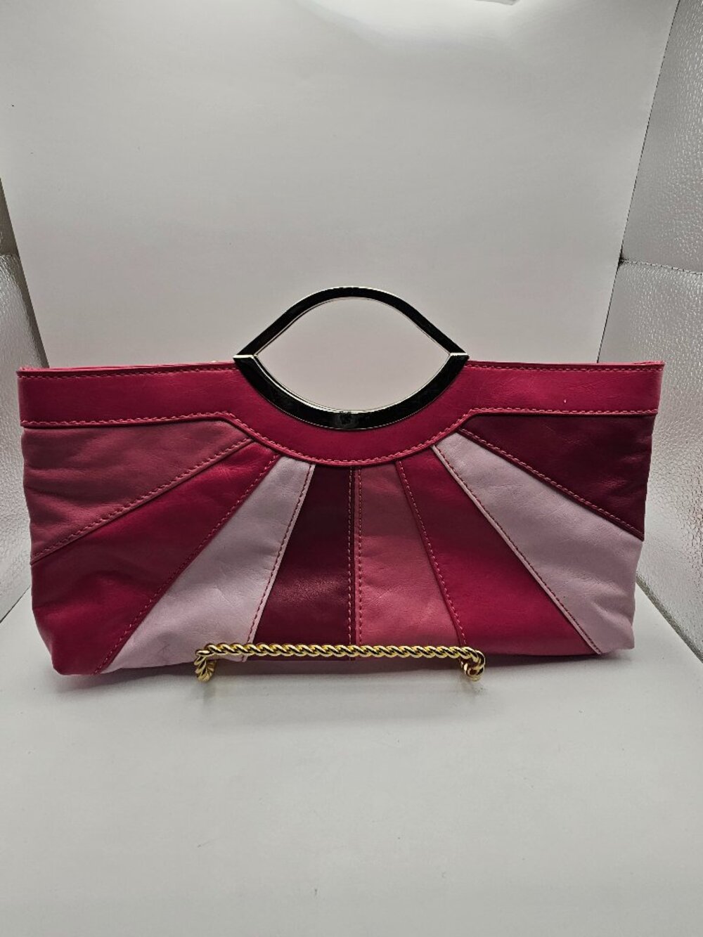 Candie’s Sunburst Patchwork Pink Clutch – Metal Cutout Handle - Vintage